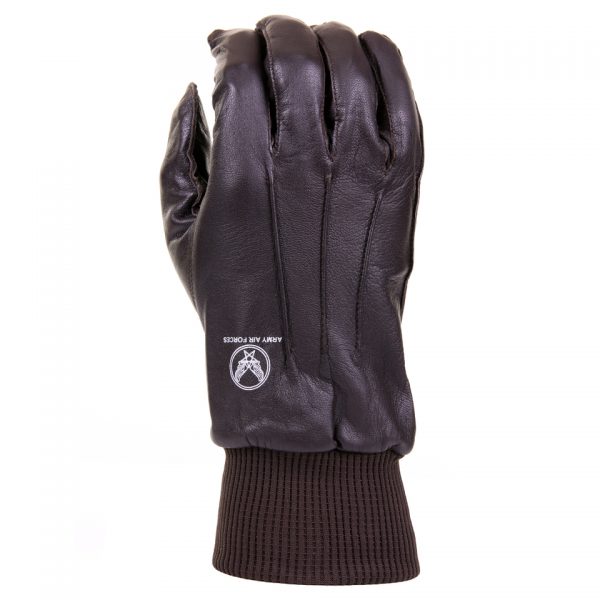 PR. AIRFORCE HANDSCHOENEN Vintage look US Army Airforce Bruin handschoenen gemaakt van 100% leder Onze Air Force handschoenen belichamen de vintage stijl van de US Army Airforce. Gemaakt van 100% leder met een dunne fleece voering en elastische manchetten voor comfort en warmte. <strong>Materialen:</strong> 100% leder, Poly-Acryl manchetten