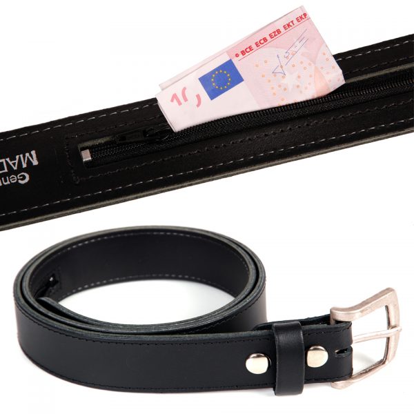 riem met geldvak 100% leren riem met geldvak. De riem heeft aan de binnenzijde een rits waar men dus veilig geld in op kan bergen. Breedte: 4 cm. <div class="colordesc">Zwart</div>