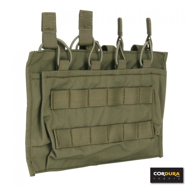 M4 POUCH VOOR 4 MAGAZIJNEN CORDURA LQ161712 Pouch voor M4 magazijnen gemaakt van Cordura Fabric. Voorzien van Molle over de gehele pouch om materialen aan te bevestigen. Plaats voor 4 magazijnen naast elkaar. Makkelijk te bevestigen aan riem/koppel. Kenmerken: - Cordura Fabric - Molle systeem - Voorzien van elastiek om magazijnen te borgen - Ruimte voor 4 magazijn Afmetingen: 16 x 29,5 x 5 cm. <div class="colordesc">groen</div>