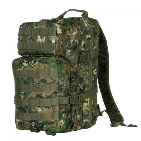 RUGZAK US ASSAULT LQ13168A5 Ontdek de 101 INC® US Assault Rugzak - een stoere daypack met 25 liter inhoud, ideaal voor dagtrips, school of woon-werkverkeer. Lichtgewicht met comfortabele padding, verstelbare draagstraps, Molle systeem, 4 ritsvakken, en laptopruimte. Gemaakt van duurzaam 100% polyester.