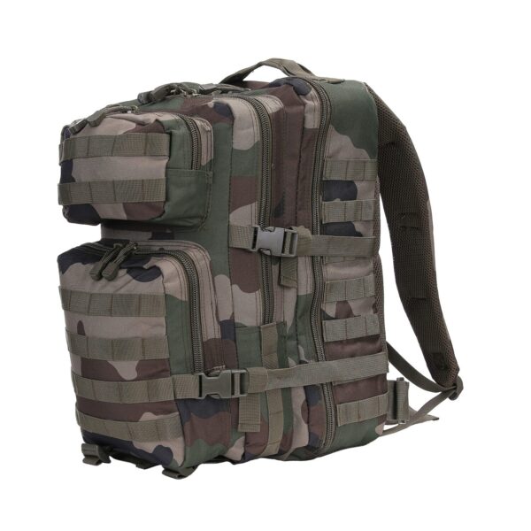 Rugzak Mountain145 De <strong>101 INC Rugzak Mountain</strong> is een robuuste rugzak ontworpen voor veelzijdig gebruik, gemaakt van 100% polyester. Deze rugzak is ideaal voor outdooractiviteiten, dagelijks gebruik of tactische doeleinden. Het beschikt over 4 afzonderlijke compartimenten, elk afsluitbaar met een rits, waardoor je spullen georganiseerd en veilig opgeborgen blijven. Dankzij de MOLLE-webbing aan de voor- en zijkanten kun je eenvoudig extra accessoires bevestigen. <strong>Kenmerken:</strong> <ul> <li><strong>Totale inhoud:</strong> 45 liter</li> <li><strong>Materialen:</strong> 100% polyester, duurzaam en slijtvast</li> <li><strong>Compartimenten:</strong> <ul> <li>Voorvak klein: 14 x 21 x 8 cm</li> <li>Voorvak groot: 25 x 21 x 12 cm</li> <li>Middenvak: 43 x 26 x 10 cm</li> <li>Hoofdvak: 46 x 28 x 21 cm</li> </ul> </li> <li><strong>MOLLE-systeem:</strong> Aan de voorzijde en zijkanten voor modulaire uitbreiding</li> </ul>