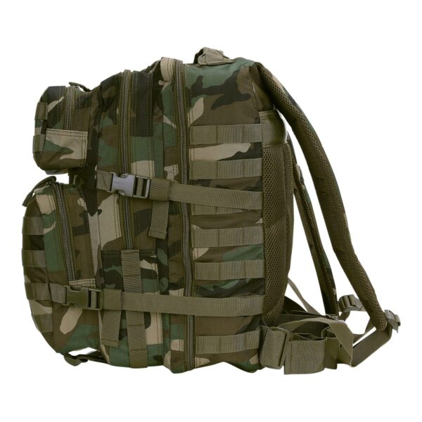 Rugzak Mountain5 De <strong>101 INC Rugzak Mountain</strong> is een robuuste rugzak ontworpen voor veelzijdig gebruik, gemaakt van 100% polyester. Deze rugzak is ideaal voor outdooractiviteiten, dagelijks gebruik of tactische doeleinden. Het beschikt over 4 afzonderlijke compartimenten, elk afsluitbaar met een rits, waardoor je spullen georganiseerd en veilig opgeborgen blijven. Dankzij de MOLLE-webbing aan de voor- en zijkanten kun je eenvoudig extra accessoires bevestigen. <strong>Kenmerken:</strong> <ul> <li><strong>Totale inhoud:</strong> 45 liter</li> <li><strong>Materialen:</strong> 100% polyester, duurzaam en slijtvast</li> <li><strong>Compartimenten:</strong> <ul> <li>Voorvak klein: 14 x 21 x 8 cm</li> <li>Voorvak groot: 25 x 21 x 12 cm</li> <li>Middenvak: 43 x 26 x 10 cm</li> <li>Hoofdvak: 46 x 28 x 21 cm</li> </ul> </li> <li><strong>MOLLE-systeem:</strong> Aan de voorzijde en zijkanten voor modulaire uitbreiding</li> </ul>