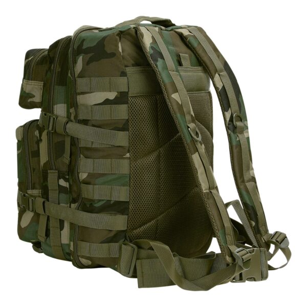 Rugzak Mountain6 1 De <strong>101 INC Rugzak Mountain</strong> is een robuuste rugzak ontworpen voor veelzijdig gebruik, gemaakt van 100% polyester. Deze rugzak is ideaal voor outdooractiviteiten, dagelijks gebruik of tactische doeleinden. Het beschikt over 4 afzonderlijke compartimenten, elk afsluitbaar met een rits, waardoor je spullen georganiseerd en veilig opgeborgen blijven. Dankzij de MOLLE-webbing aan de voor- en zijkanten kun je eenvoudig extra accessoires bevestigen. <strong>Kenmerken:</strong> <ul> <li><strong>Totale inhoud:</strong> 45 liter</li> <li><strong>Materialen:</strong> 100% polyester, duurzaam en slijtvast</li> <li><strong>Compartimenten:</strong> <ul> <li>Voorvak klein: 14 x 21 x 8 cm</li> <li>Voorvak groot: 25 x 21 x 12 cm</li> <li>Middenvak: 43 x 26 x 10 cm</li> <li>Hoofdvak: 46 x 28 x 21 cm</li> </ul> </li> <li><strong>MOLLE-systeem:</strong> Aan de voorzijde en zijkanten voor modulaire uitbreiding</li> </ul>