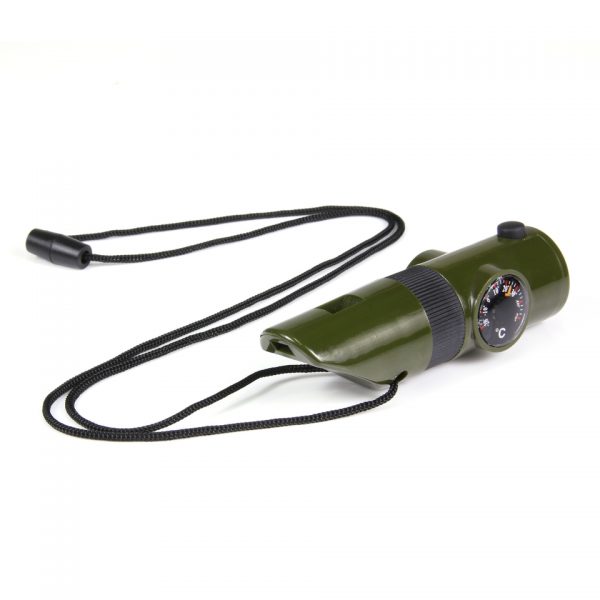 TACTICAL FLUIT 7 IN 1 Fluitje van 100% plastic <strong>Functies:</strong> <ul> <li>Levensreddende fluit (hoge toon)</li> <li>Kompas</li> <li>Thermometer (-20-50)</li> <li>Survival reflecterende signaal spiegel (locatie bepaling d.m.v. gebruik van zonlicht reflectie om uw huidige positie te verklaren)</li> <li>Vergrootglas (brandstichting)</li> <li>Witte LED zaklamp</li> <li>Afdichtingsruimte (ruimte om je gegevens te plaatsen zoals NAW, bloedgroep etc.)</li> <li>Fluit</li> <li>Nylon lanyard (lengte 100cm)</li> <li>Werkt op 2 x CR 2016 batterijen</li> </ul> <div class="colordesc">groen</div>