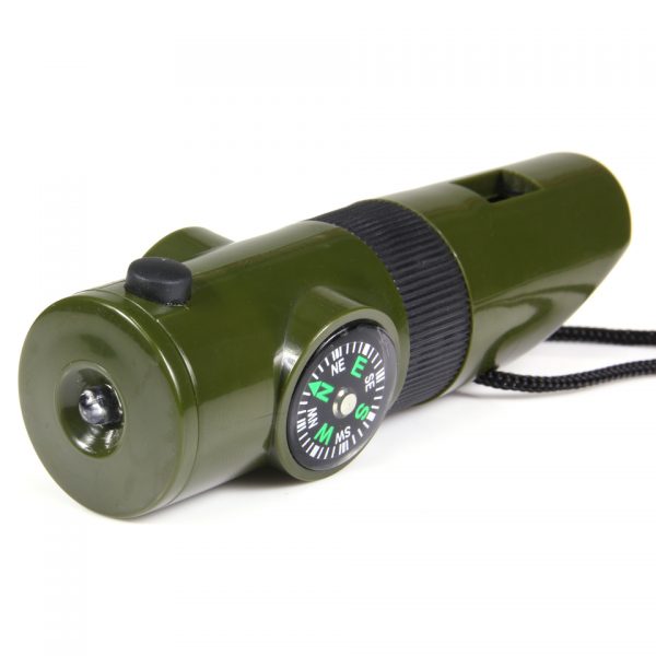 TACTICAL FLUIT 7 IN 11 Fluitje van 100% plastic <strong>Functies:</strong> <ul> <li>Levensreddende fluit (hoge toon)</li> <li>Kompas</li> <li>Thermometer (-20-50)</li> <li>Survival reflecterende signaal spiegel (locatie bepaling d.m.v. gebruik van zonlicht reflectie om uw huidige positie te verklaren)</li> <li>Vergrootglas (brandstichting)</li> <li>Witte LED zaklamp</li> <li>Afdichtingsruimte (ruimte om je gegevens te plaatsen zoals NAW, bloedgroep etc.)</li> <li>Fluit</li> <li>Nylon lanyard (lengte 100cm)</li> <li>Werkt op 2 x CR 2016 batterijen</li> </ul> <div class="colordesc">groen</div>