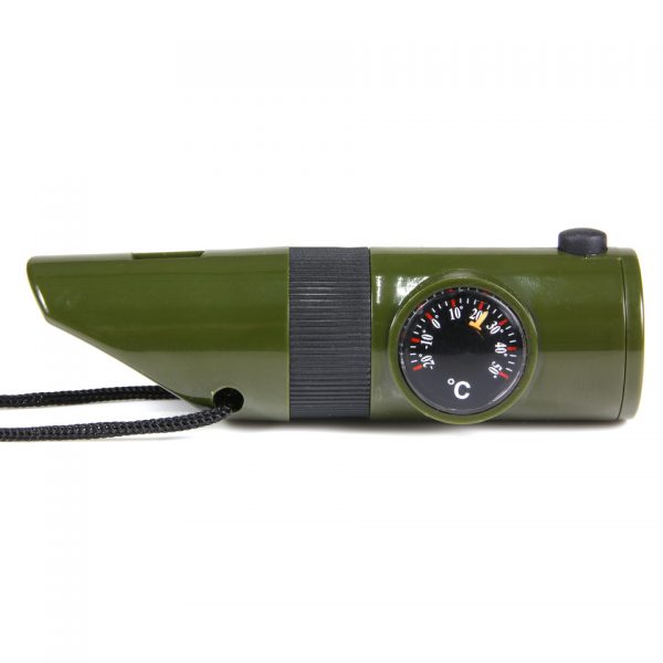 TACTICAL FLUIT 7 IN 12 Fluitje van 100% plastic <strong>Functies:</strong> <ul> <li>Levensreddende fluit (hoge toon)</li> <li>Kompas</li> <li>Thermometer (-20-50)</li> <li>Survival reflecterende signaal spiegel (locatie bepaling d.m.v. gebruik van zonlicht reflectie om uw huidige positie te verklaren)</li> <li>Vergrootglas (brandstichting)</li> <li>Witte LED zaklamp</li> <li>Afdichtingsruimte (ruimte om je gegevens te plaatsen zoals NAW, bloedgroep etc.)</li> <li>Fluit</li> <li>Nylon lanyard (lengte 100cm)</li> <li>Werkt op 2 x CR 2016 batterijen</li> </ul> <div class="colordesc">groen</div>