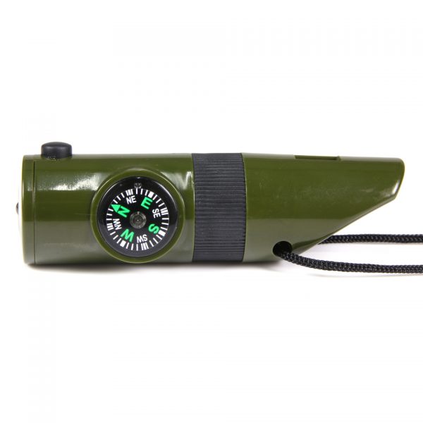 TACTICAL FLUIT 7 IN 13 Fluitje van 100% plastic <strong>Functies:</strong> <ul> <li>Levensreddende fluit (hoge toon)</li> <li>Kompas</li> <li>Thermometer (-20-50)</li> <li>Survival reflecterende signaal spiegel (locatie bepaling d.m.v. gebruik van zonlicht reflectie om uw huidige positie te verklaren)</li> <li>Vergrootglas (brandstichting)</li> <li>Witte LED zaklamp</li> <li>Afdichtingsruimte (ruimte om je gegevens te plaatsen zoals NAW, bloedgroep etc.)</li> <li>Fluit</li> <li>Nylon lanyard (lengte 100cm)</li> <li>Werkt op 2 x CR 2016 batterijen</li> </ul> <div class="colordesc">groen</div>