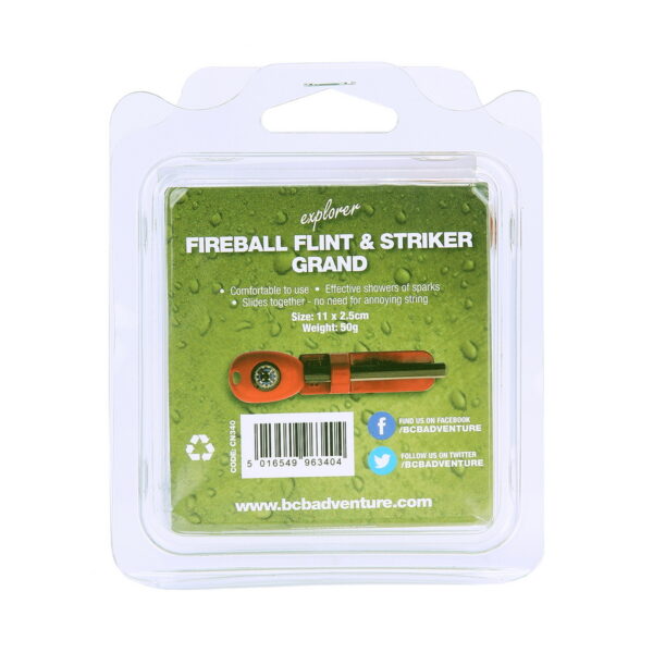 429747 BCB Vuurstarter fireball flint strike grand CN3406 <big>Originele vuurstarter van zeer goede kwaliteit. Het nieuwe ontwerp is comfortabeler en veiliger in gebruik.</big> <strong>Kenmerken:</strong> <ul> <li><big>De vuurstarter heeft een klein, met vloeistof gevuld knopkompas in het handvat.</big></li> <li><big>De vuursteen en de speer van Grand Fireball glijden en vergrendelen samen.</big></li> </ul>