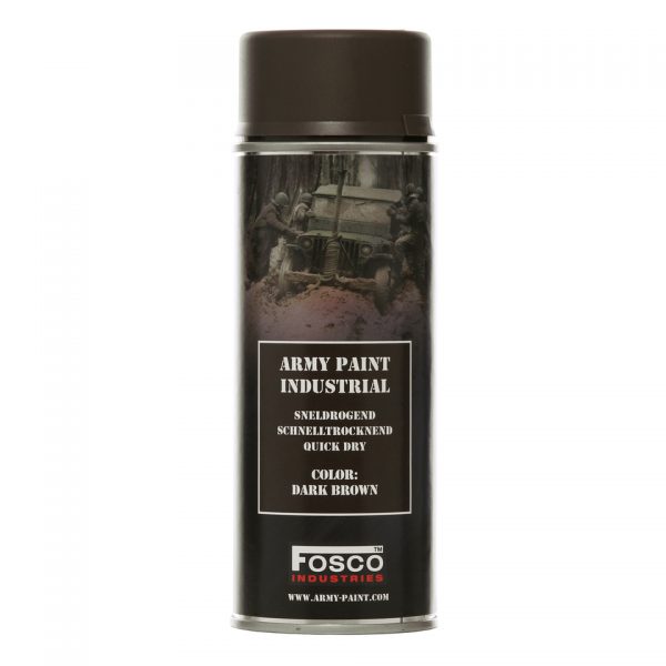 SPUITBUS LEGER VERF 400 ML.35 <strong>Fosco Industries® Legerverf</strong> <hr /> Spuitbus leger verf sneldrogend 400 ml. Deze verf van top kwaliteit wordt o.a. gebruikt voor het spuiten van wapens, textiel, gereedschappen, apparatuur en voertuigen. Eenvoudig te verwijderen van de meeste oppervlakken. <strong>Fysische en Chemische Eigenschappen:</strong> Inhoud: 400 ml Basis: Alkydhars VOS-gehalte: Circa 83% w/w Vaste stof: Circa 17% w/w Glans: Mat < 5 bij een meethoek van 60° Stofdroog: Na 10 tot 20 minuten Kleefvrij: Na circa 45 minuten Uitgehard/Overspuitbaar: Na 16 uur Hittebestendig: Tot 110°C dark brown