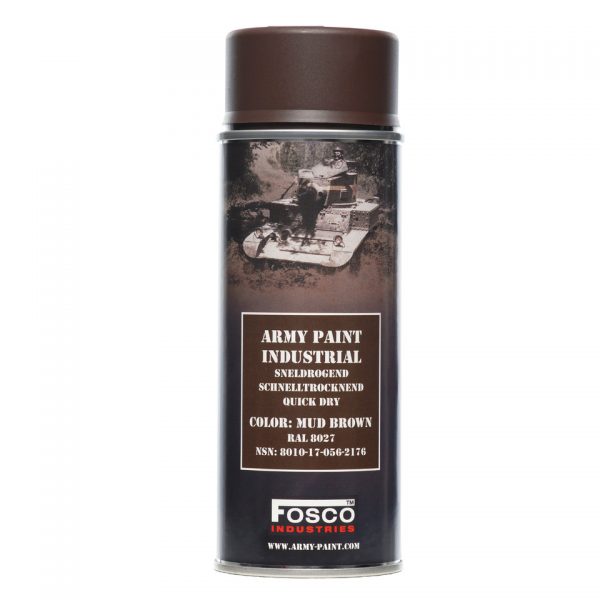 SPUITBUS LEGER VERF 400 ML.36 <strong>Fosco Industries® Legerverf</strong> <hr /> Spuitbus leger verf sneldrogend 400 ml. Deze verf van top kwaliteit wordt o.a. gebruikt voor het spuiten van wapens, textiel, gereedschappen, apparatuur en voertuigen. Eenvoudig te verwijderen van de meeste oppervlakken. <strong>Fysische en Chemische Eigenschappen:</strong> Inhoud: 400 ml Basis: Alkydhars VOS-gehalte: Circa 83% w/w Vaste stof: Circa 17% w/w Glans: Mat < 5 bij een meethoek van 60° Stofdroog: Na 10 tot 20 minuten Kleefvrij: Na circa 45 minuten Uitgehard/Overspuitbaar: Na 16 uur Hittebestendig: Tot 110°C bruin