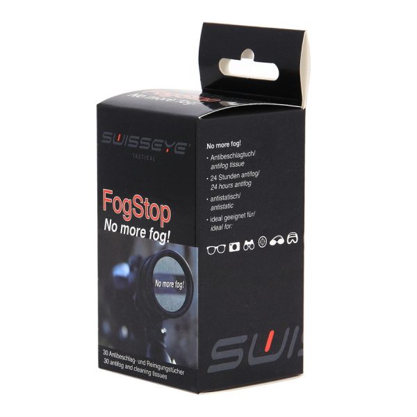 256202 SwissEye Fog Stop doosje a 30 stuks2 Deze anti condens doekjes helpt het voorkomen van condens aanslag bij transpireren (zweten). * Anti condens tissue * 24 uur anti condens bestand * Antistatisch * Ideaal voor bril, camera's, verrekijker, enz. ...