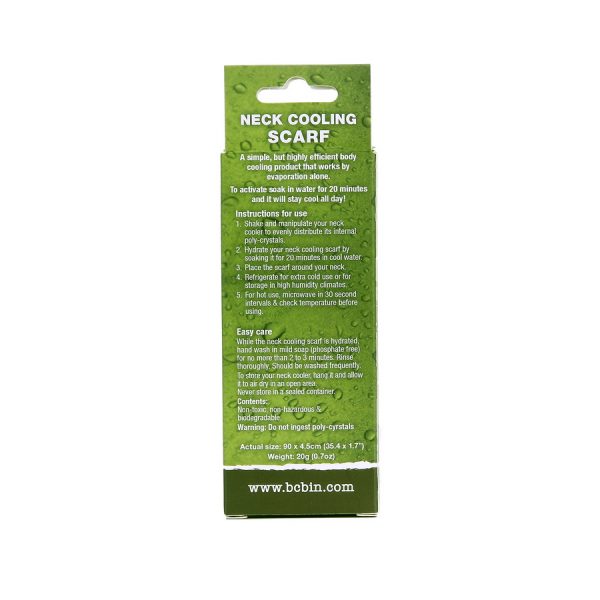 429680 BCB neck cooling scarf CL085SR1 Een eenvoudig maar zeer effectief lichaamskoelingproduct dat werkt door verdamping. Onderdompeling in schoon water gedurende ongeveer 15-25 minuten laat de polykristallen een groot volume water absorberen en vasthouden. Wanneer u deze draagt, verdampt het vastgehouden water en trekt lichaamswarmte af, waardoor er een verkoelend effect ontstaat. Koeleffect, verhoogd met koeling.