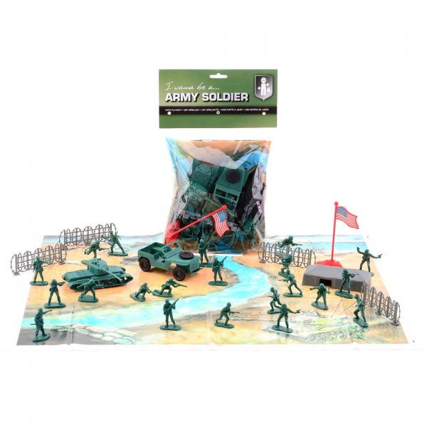 ARMY FORCES SPEELSET Army Forces speelset met speelmat van 100% plastic Set bestaat oa uit een speelmat, soldaatjes, tank, jeep, straaljager etc.
