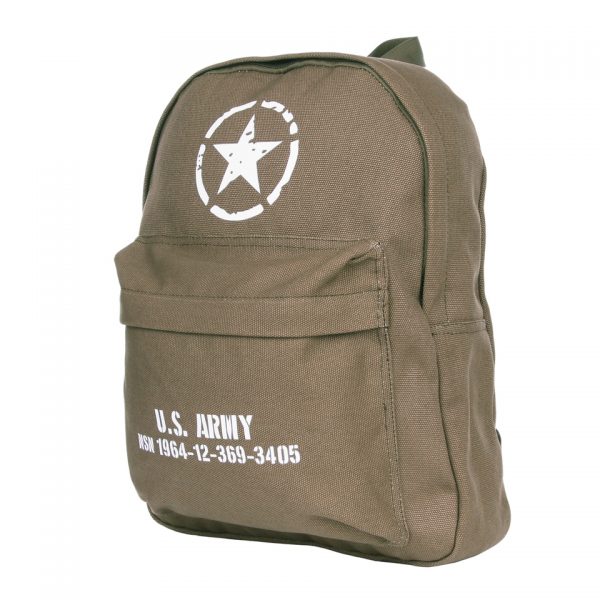 KINDER RUGZAK U.S. ARMY <big>Fostex WWII Series kinder rugzak U.S. Army Zwart Een canvas rugzakje met de Amerikaanse Allied Star als opdruk. Leuke vintage leger rugzak voor de kinderen. Perfect voor naar school, het sporten of een dagje uit. Gemaakt van 100% katoen (canvas).</big> <strong>Afmetingen:</strong> <ul> <li><big>lengte: 36cm </big></li> <li><big>breedte: 30cm </big></li> <li><big>diepte: 17cm</big></li> <li><big>Voorvak: 20 x 23 x 5 cm</big></li> </ul>