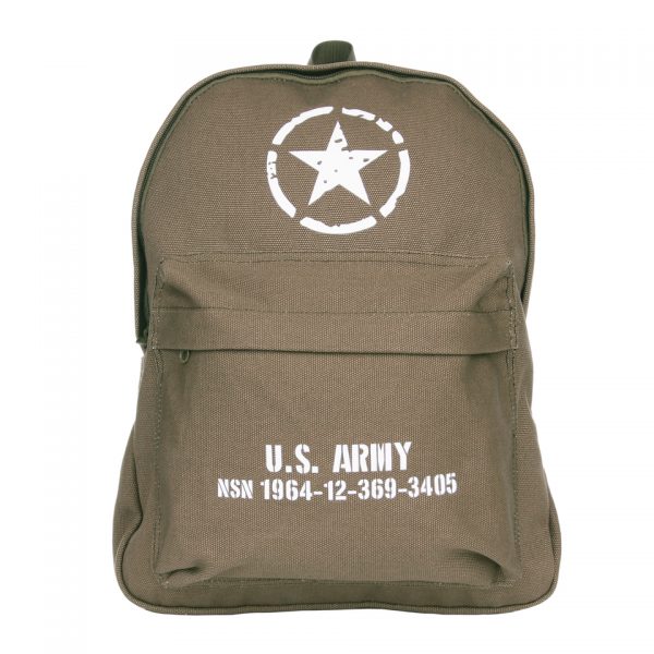 KINDER RUGZAK U.S. ARMY1 <big>Fostex WWII Series kinder rugzak U.S. Army Zwart Een canvas rugzakje met de Amerikaanse Allied Star als opdruk. Leuke vintage leger rugzak voor de kinderen. Perfect voor naar school, het sporten of een dagje uit. Gemaakt van 100% katoen (canvas).</big> <strong>Afmetingen:</strong> <ul> <li><big>lengte: 36cm </big></li> <li><big>breedte: 30cm </big></li> <li><big>diepte: 17cm</big></li> <li><big>Voorvak: 20 x 23 x 5 cm</big></li> </ul>