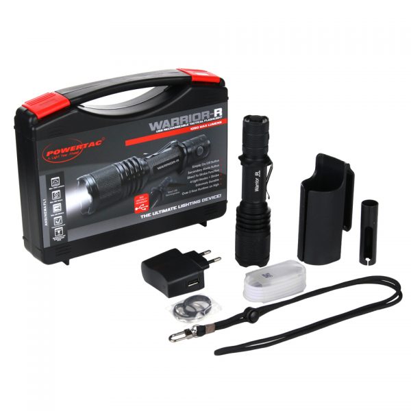 POWERTAC TACTICAL FLASHLIGHT WARRIOR R USB RECHARGEABLE KIT Flaslight levenslange garantie. <strong>Kenmerken: </strong> <ul> <li>CREE XM-L2 U2 is de nieuwste LED die de Warrior in staat stelt om 1050 lumen te produceren op het helderste niveau en in de strobo modus.</li> <li>4 verschillende helderheidsmodi voor diverse verlichtingsbehoeften en aangepaste batterijduur.</li> <li>Produceert een bereik tot 340 meter gecombineerd met een indrukwekkend schijnwerperlicht om objecten op zowel lange als korte afstanden te verlichten.</li> <li>Biedt snelle toegang tot meerdere verlichtingsmodi en stroboscoopfunctie via een intelligent ontworpen interface voor tactisch en zelfverdedigend gebruik.</li> <li>De lamp beschikt over een automatische onthoudt functie voor de laatst gebruikte setting.</li> <li>Door een IC geregelde technologie wordt de levensduur van de batterij gemaximaliseerd en heeft de lamp een consistente lichtprestatie.</li> <li>Heeft bescherming tegen het onjuist plaatsen van de batterij.</li> <li>De behuizing Garandeert langdurige prestaties door gebruik van vliegtuigkwaliteit aluminium.</li> <li>Onderhoudt zijn uiterlijk door extreem weer en robuuste behandeling met een sterke, duurzame Type III geanodiseerde afwerking.</li> <li>Omvat een lens van gehard glas met dubbelzijdige coating die bestand is tegen breuk of krassen bij een botsing, terwijl de lichtopbrengst wordt gemaximaliseerd.</li> <li>Behoudt van LED- en elektronische componenten d.m.v. een koellichaam.</li> <li>Bestand tegen waterschade door een nauwkeurig O-ring afgedicht ontwerp voor betrouwbaar gebruik onder extreme omstandigheden.</li> <li>Geavanceerd ergonomisch ontwerp met antislip-karteling en matte stijlafwerking voor stevige grip.</li> <li>Bevat een ingebouwde verwijderbare zakclip.</li> <li>Werkt eenvoudig in tactische situaties met behulp van een zijschakelaar op de drukknop die is ingebouwd in de staartdop.</li> <li>Verdedigt tegen fysieke aanval met een gekanteelde rand op zowel de kop als de staartkap voor zelfverdediging</li> <li>Wapen bevestigbaar met optionele externe drukschakelaar.</li> <li>Inclusief een holster van hoge kwaliteit, ontworpen om op riemen van verschillende afmetingen te passen.</li> </ul> <strong>Specificaties: </strong> <ul> <li>LED-type: CREE XM-L2 U2 LED.</li> <li>Batterij: Gebruikt 2 x CR123A of 2 x RCR123A / 16340 of 1 x 18650 oplaadbare Li-ion batterij</li> <li>Afmetingen: - Lengte: 154 mm. - Dradendiameter: 36,5 mm. - Lichaamsdiameter: 25,4 mm.</li> </ul> &nbsp; <table border="1" cellspacing="1" cellpadding="1"> <tbody> <tr> <td></td> <td>Firefly</td> <td>Low</td> <td>medium</td> <td>High</td> <td>Strobe</td> </tr> <tr> <td>Output</td> <td>1 lumen</td> <td>285 lumens</td> <td>641 lumens</td> <td>1050 lumens</td> <td>1050 lumens</td> </tr> <tr> <td>Runtime</td> <td>305 hrs</td> <td>5.3 hrs</td> <td>2.4 hrs</td> <td>2.2 hrs</td> <td>4.4 hrs</td> </tr> </tbody> </table> <div></div> <div class="colordesc">Zwart</div>