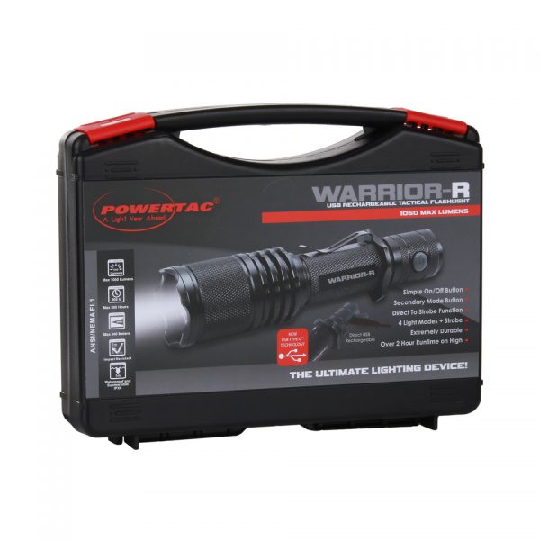 POWERTAC TACTICAL FLASHLIGHT WARRIOR R USB RECHARGEABLE KIT4 Flaslight levenslange garantie. <strong>Kenmerken: </strong> <ul> <li>CREE XM-L2 U2 is de nieuwste LED die de Warrior in staat stelt om 1050 lumen te produceren op het helderste niveau en in de strobo modus.</li> <li>4 verschillende helderheidsmodi voor diverse verlichtingsbehoeften en aangepaste batterijduur.</li> <li>Produceert een bereik tot 340 meter gecombineerd met een indrukwekkend schijnwerperlicht om objecten op zowel lange als korte afstanden te verlichten.</li> <li>Biedt snelle toegang tot meerdere verlichtingsmodi en stroboscoopfunctie via een intelligent ontworpen interface voor tactisch en zelfverdedigend gebruik.</li> <li>De lamp beschikt over een automatische onthoudt functie voor de laatst gebruikte setting.</li> <li>Door een IC geregelde technologie wordt de levensduur van de batterij gemaximaliseerd en heeft de lamp een consistente lichtprestatie.</li> <li>Heeft bescherming tegen het onjuist plaatsen van de batterij.</li> <li>De behuizing Garandeert langdurige prestaties door gebruik van vliegtuigkwaliteit aluminium.</li> <li>Onderhoudt zijn uiterlijk door extreem weer en robuuste behandeling met een sterke, duurzame Type III geanodiseerde afwerking.</li> <li>Omvat een lens van gehard glas met dubbelzijdige coating die bestand is tegen breuk of krassen bij een botsing, terwijl de lichtopbrengst wordt gemaximaliseerd.</li> <li>Behoudt van LED- en elektronische componenten d.m.v. een koellichaam.</li> <li>Bestand tegen waterschade door een nauwkeurig O-ring afgedicht ontwerp voor betrouwbaar gebruik onder extreme omstandigheden.</li> <li>Geavanceerd ergonomisch ontwerp met antislip-karteling en matte stijlafwerking voor stevige grip.</li> <li>Bevat een ingebouwde verwijderbare zakclip.</li> <li>Werkt eenvoudig in tactische situaties met behulp van een zijschakelaar op de drukknop die is ingebouwd in de staartdop.</li> <li>Verdedigt tegen fysieke aanval met een gekanteelde rand op zowel de kop als de staartkap voor zelfverdediging</li> <li>Wapen bevestigbaar met optionele externe drukschakelaar.</li> <li>Inclusief een holster van hoge kwaliteit, ontworpen om op riemen van verschillende afmetingen te passen.</li> </ul> <strong>Specificaties: </strong> <ul> <li>LED-type: CREE XM-L2 U2 LED.</li> <li>Batterij: Gebruikt 2 x CR123A of 2 x RCR123A / 16340 of 1 x 18650 oplaadbare Li-ion batterij</li> <li>Afmetingen: - Lengte: 154 mm. - Dradendiameter: 36,5 mm. - Lichaamsdiameter: 25,4 mm.</li> </ul> &nbsp; <table border="1" cellspacing="1" cellpadding="1"> <tbody> <tr> <td></td> <td>Firefly</td> <td>Low</td> <td>medium</td> <td>High</td> <td>Strobe</td> </tr> <tr> <td>Output</td> <td>1 lumen</td> <td>285 lumens</td> <td>641 lumens</td> <td>1050 lumens</td> <td>1050 lumens</td> </tr> <tr> <td>Runtime</td> <td>305 hrs</td> <td>5.3 hrs</td> <td>2.4 hrs</td> <td>2.2 hrs</td> <td>4.4 hrs</td> </tr> </tbody> </table> <div></div> <div class="colordesc">Zwart</div>