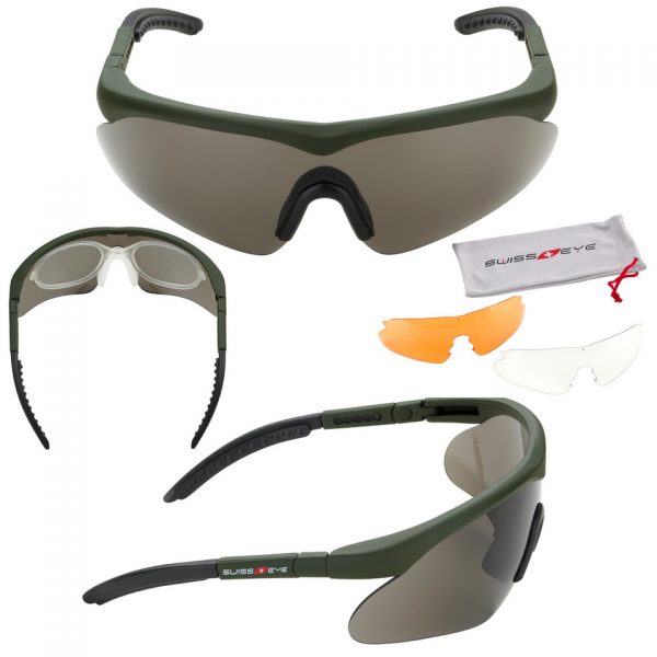 SWISSEYE BRIL RAPTOR 10163 * adjustable temples with front lens/angle of inclination shifting groen * antifog/antiscratch coating * 100% UVA-, UVB- and UVC-protection up to 400 nm (nanometer) * removable clip adapter for glazing (optional) * spare lenses in orange & clear * microfiber bag * EN 1836:2005+A1:2007 * ANSI Z87.1 2003 * STANAG 2920 * EN 166:2001