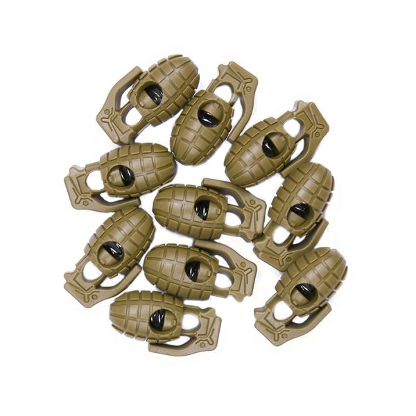 111259450 Tactical cord stopper handgranaat set 10 st. Tactical cord stoppers gemaakt van 100% kunststof. Afmetingen: 30 x 15mm Geschikt voor koord tot 6 mm dik. <div class="colordesc">Coyote</div>