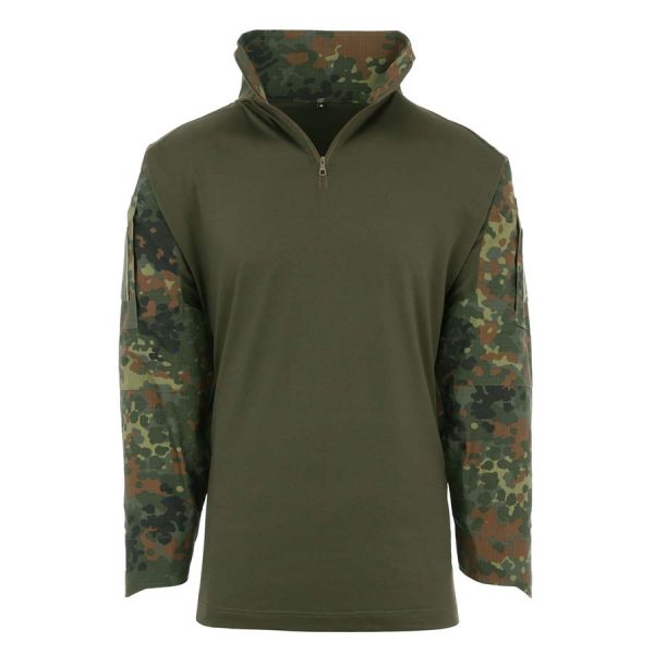 131400 Tactical shirt UBAC flecktarn <big>Tactical shirt Flecktarn van 65% Polyester / 35% Katoen Ripstop en 100% Polyester.</big> <strong>Kenmerken:</strong> <ul> <li><big>Under Body Armour Combat Shirt, gemaakt voor het dragen onder het balistisch vest.</big></li> <li><big>Optimaal draag comfort, de armen zijn als een normale gevechtsjas opgemaakt van 50/50 NyCo Rip Stop en als extra voorzien van versterkte ellebogen.</big></li> <li><big>2 opgezette armzakken met Velcro vlakken en opbergzak met ritssluiting.</big></li> <li><big>Versterkte elleboogvlakken. </big></li> <li><big>Contour ontworpen polsen met Velcro sluiting.</big></li> </ul>
