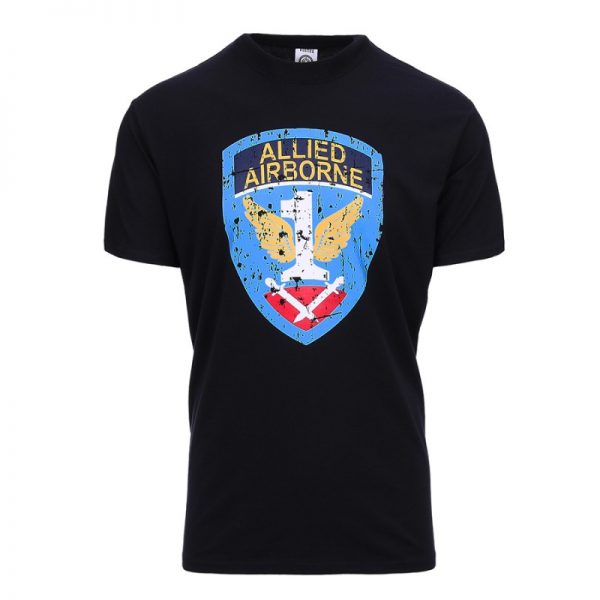 133637 T shirt Allied Airborne zwart <big><strong>Fostex</strong><strong>® WWII Series T-shirt Allied Airborne</strong></big> <hr /> <big>T-shirt gemaakt van 100% katoen. Uitstekende pasvorm en zeer comfortabel dankzij 5% elastan in het materiaal. <strong>Gewicht:</strong> 160 gram/m2</big> Zwart