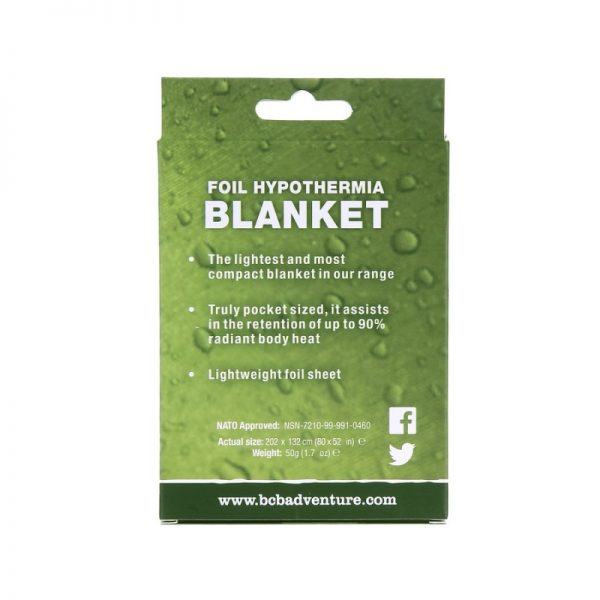 319391 BCB Emergency deken CL0411 <big>BCB Emergency deken zilver/chrome. Lichtgewicht en compact deken welke in een noodsituatie gebruikt kan worden om warm te blijven. Houdt tot 90% van de lichaamswarmte vast.</big> <strong>Kenmerken:</strong> <ul> <li><big>Lichtgewicht folie </big></li> <li><big>NATO approved: NSN-7210-99-991-0460</big></li> <li><big>Grootte: 202 cm x 132 cm</big></li> </ul>