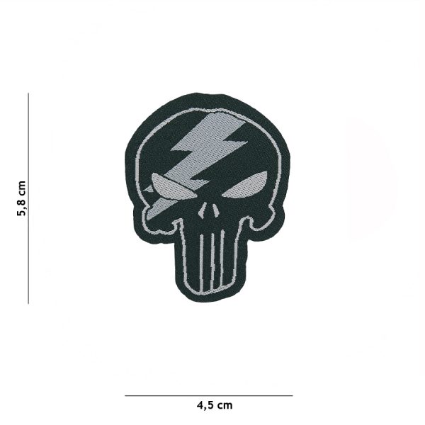 446100 10012 Embleem stof fijn geweven Punisher thunder klein 7137 <big>Zeer fijn geweven embleem van 100% stof met klittenband achterzijde.  </big> <big>Door de fijne weving is dit embleem zeer gedetailleerd.</big>