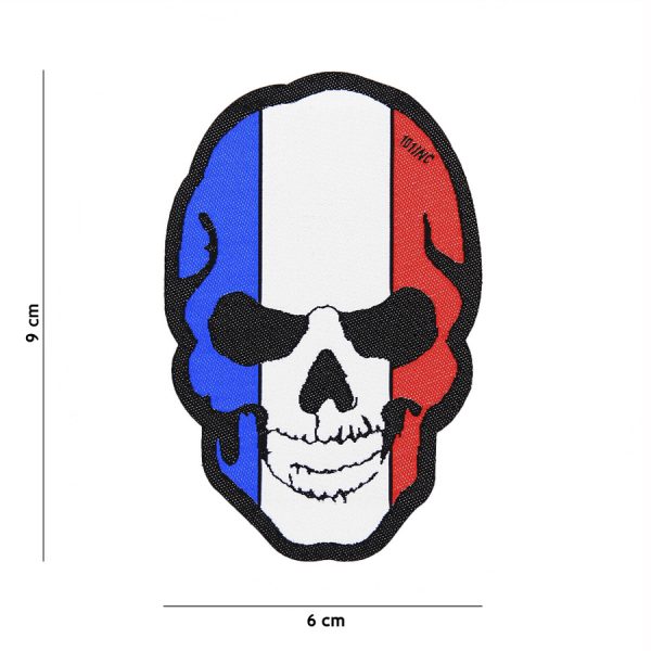 446101 10016 Embleem stof fijn geweven Skull Frankrijk 7141 <big>Zeer fijn geweven embleem van 100% stof met klittenband achterzijde.  </big> <big>Door de fijne weving is dit embleem zeer gedetailleerd.</big>