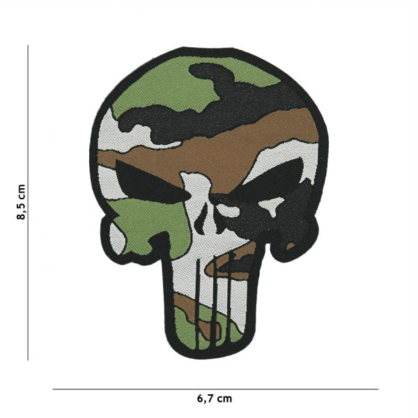 446101 10018 Embleem stof fijn geweven Punisher Woodland 7143 <big>Zeer fijn geweven embleem van 100% stof met klittenband achterzijde.  </big> <big>Door de fijne weving is dit embleem zeer gedetailleerd.</big>