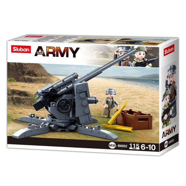 413303 Sluban German Flack M38 B0852 161391 <big>Deze set heet Sluban de veldslag German Flacken heeft als thema WWII. De set bestaat uit voertuigen, vliegtuigen en accessoires die elkaars tegenpolen waren in de Tweede Wereld Oorlog. </big> <big>Sluban is hét merk met leger gerelateerde bouwsets. Sluban is een van de weinige aanbieders van bouwstenen die legerartikelen in haar assortiment heeft. Het voordeel van Sluban is dat het ook compatibel is met andere grote bouwsteenmerken, je hoeft je dus geen zorgen te maken dat sluban niet past op je andere bouwsteenmerken.</big> <big><strong>Inhoud set:</strong> Aantal minifiguren: 1 Aantal blokjes: 115 Doosafmeting (BxHxD): 19 x 14.1 x 4.5 cm Moeilijkheidsgraad: Gemiddeld (vanaf 6 jaar)</big>