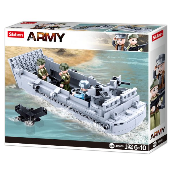 413305 Sluban Allied Landings Craft M38 B0855 161051 <big>Deze set heet Sluban de veldslag Allied Landings Craft en heeft als thema WWII. De set bestaat uit voertuigen, vliegtuigen en accessoires die elkaars tegenpolen waren in de Tweede Wereld Oorlog. </big> <big>Sluban is hét merk met leger gerelateerde bouwsets. Sluban is een van de weinige aanbieders van bouwstenen die legerartikelen in haar assortiment heeft. Het voordeel van Sluban is dat het ook compatibel is met andere grote bouwsteenmerken, je hoeft je dus geen zorgen te maken dat sluban niet past op je andere bouwsteenmerken.</big> <big><strong>Inhoud set:</strong> Aantal minifiguren: 3 Aantal blokjes: 182 Doosafmeting (BxHxD): 28.5 x 23.7 x 5.4 cm Moeilijkheidsgraad: Gemiddeld (vanaf 6 jaar)</big>