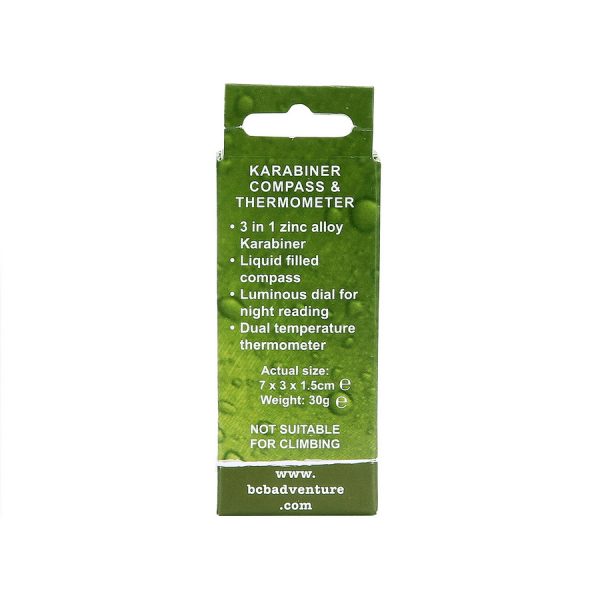 259137 BCB karabijnhaak 3 in 1 CK3102 <big>Karabijnhaak, kompass en thermometer in 1 Deze karabijnhaak is ideaal voor backpacken of outdoor avonturen. </big> <big><strong>Kenmerken:</strong></big> <ul> <li><big>Metalen hoes</big></li> <li><big>Zink legering</big></li> <li><big>Vloeistof gevuld met lichtgevende wijzerplaat om 's nachts gemakkelijk af te lezen</big></li> </ul> <big><strong>Afmeting: </strong>7 x 3 x 1,5 </big>