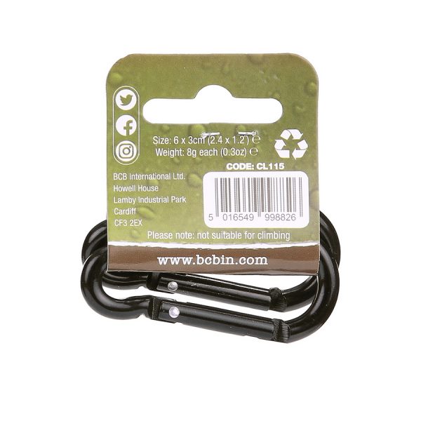 259143 BCB 6mm karabijnhaak 2 stuks CL1152 <big>Handige Karabijnhaken, ideaal voor sleutels, mokken of zaklampen. Te gebruiken om bijna elk item aan uw webbing of rugzak te bevestigen.</big> <strong>Kenmerken:</strong> <ul> <li><big>Snelle clipactie</big></li> <li><big>2 karabijnhaken per verpakking</big></li> <li><big>Hoge treksterkte</big></li> <li><big>Verpakt in Bushcraft blisterverpakking</big></li> </ul>