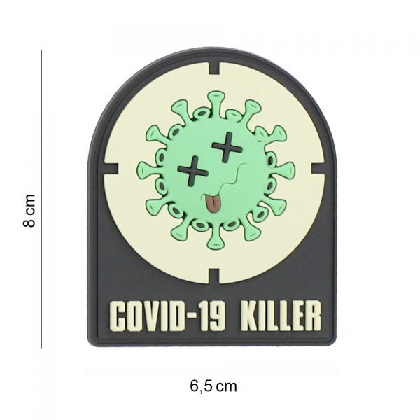 444130 7414 Embleem 3D PVC Covid 19 killer 8091 Embleem PVC met klittenband aan de achterzijde.