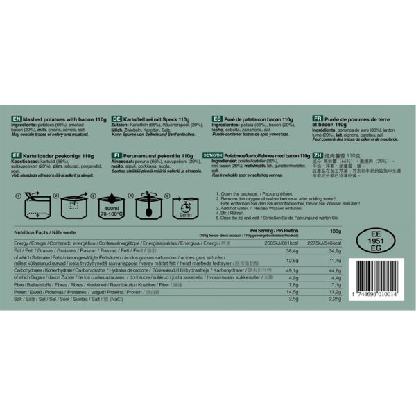 316102 Tactical Foodpack Mashed Potatoes and Bacon 110g2 <big>Huisgemaakte aardappelpuree van echte aardappelen en melk met knapperig spek. Het gerecht heeft een zeer hoge calorische waarde en heeft in zeer korte tijd een grote populariteit verworven. 100% natuurlijk, zonder conserveringsmiddelen en toevoegingen.</big> <big>Energiegehalte per portie is 601 kcal.</big> <big><strong>Hoe klaar te maken:</strong></big> <big>Open de verpakking - verwijder het vochtzakje - voeg 400ml warm/heet water toe - even goed roeren - sluit de verpakking weer en wacht 9 minuten </big> <big><strong>Ingrediënten:</strong> Aardappelen (66%), gerookte bacon (20%), melk, uien, wortels, zout.</big> <big><strong>Let op! Kan sporen van selderij en mosterd bevatten.</strong></big>