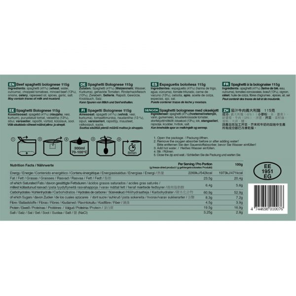 316103 Tactical Foodpack Beef Spaghetti Bolognese 115g2 <big>De klassieker Beef Spaghetti Bolognese is gemaakt met rundergehakt en selderij voor een lekkere smaaknuance. 100% natuurlijk, zonder conserveringsmiddelen en toevoegingen.</big> <big>Energiegehalte per portie is 542 kcal.</big> <big><strong>Hoe klaar te maken:</strong></big> <big>Open de verpakking - verwijder het vochtzakje - voeg 300ml warm/heet water toe - even goed roeren - sluit de verpakking weer en wacht 8 minuten </big> <big><strong>Ingrediënten:</strong> Spaghetti (41%) (tarwe, water, kurkuma), gesneden tomaten, rundergehakt (13%), ui, selderij, koolzaadolie, specerijen, knoflook, zout.  </big> <big><strong>Let op! Kan sporen van selderij en mosterd bevatten.</strong></big>