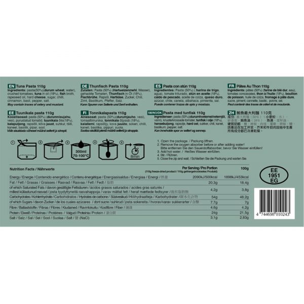 316105 Tactical Foodpack Tuna Pasta 110g2 <big>Romige tomatenpasta die perfect is voor als lunch of als avondmaaltijd met tonijn en kruiden met een vleugje kaneel. Dit recept is geïnspireerd door Jamie Oliver.</big> <big>Energiegehalte per portie is 500 kcal.</big> <big><strong>Hoe klaar te maken:</strong></big> <big>Open de verpakking - verwijder het vochtzakje - voeg 300ml warm/heet water toe - even goed roeren - sluit de verpakking weer en wacht 8 minuten</big> <big><strong>Ingrediënten:</strong> Pasta(50%)(harde tarwe, water), gemalen tomaten, tonijn in olie (18%), visbouillon, koolzaadolie, brokkelkaas, suiker, chili, kaneel, basilicum, peper, zout.</big> <big><strong>Let op! Kan sporen van selderij en mosterd bevatten.</strong></big>