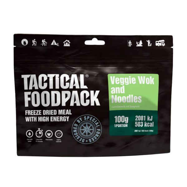 316106 Tactical Foodpack Veggie Wok and Noodles 100g <big>De Veggie Wok & Noodles is speciaal gemaakt voor diegene die graag vegetarisch/vegan eten maar niet je standaard 'wortel met sla' maaltijd wil en wel echt een lekkere maaltijd wil. Maar - mocht je wel vlees eten, dan weten we zeker dat deze maaltijd je ook zal verrassen! Hoewel het gerecht zelf 100% veganistisch is, bevat het veel noodzakelijke voedingsstoffen en heeft het een hoge calorische waarde. </big> <big>Energiegehalte per portie is 503 kcal.</big> <big><strong>Hoe klaar te maken:</strong></big> <big>Open de verpakking - verwijder het vochtzakje - voeg 300ml warm/heet water toe - even goed roeren - sluit de verpakking weer en wacht 8 minuten </big> <big><strong>Ingrediënten:</strong> Spaghetti (42%)(Tarwe, Water, kurkuma), groentebouillon, koolzaadolie, rode peper (11,3%), wortels (11,3%), bonen (7,5%), uien (7,5%), tomaten, (7,5%), olijven (4,5%), knoflook, specerijen, kruiden, zout.</big> <big><strong>Let op! Kan sporen bevatten van selderij, melk en mosterd.</strong></big>