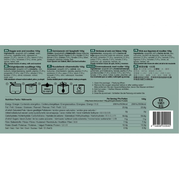 316106 Tactical Foodpack Veggie Wok and Noodles 100g11 <big>De Veggie Wok & Noodles is speciaal gemaakt voor diegene die graag vegetarisch/vegan eten maar niet je standaard 'wortel met sla' maaltijd wil en wel echt een lekkere maaltijd wil. Maar - mocht je wel vlees eten, dan weten we zeker dat deze maaltijd je ook zal verrassen! Hoewel het gerecht zelf 100% veganistisch is, bevat het veel noodzakelijke voedingsstoffen en heeft het een hoge calorische waarde. </big> <big>Energiegehalte per portie is 503 kcal.</big> <big><strong>Hoe klaar te maken:</strong></big> <big>Open de verpakking - verwijder het vochtzakje - voeg 300ml warm/heet water toe - even goed roeren - sluit de verpakking weer en wacht 8 minuten </big> <big><strong>Ingrediënten:</strong> Spaghetti (42%)(Tarwe, Water, kurkuma), groentebouillon, koolzaadolie, rode peper (11,3%), wortels (11,3%), bonen (7,5%), uien (7,5%), tomaten, (7,5%), olijven (4,5%), knoflook, specerijen, kruiden, zout.</big> <big><strong>Let op! Kan sporen bevatten van selderij, melk en mosterd.</strong></big>