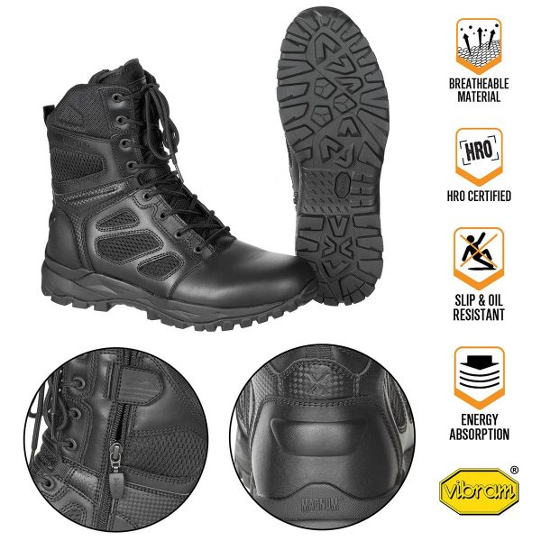Combat Boots MAGNUM Elite Spider X 8.0 black <pre id="tw-target-text" class="tw-data-text tw-text-large tw-ta" dir="ltr" data-placeholder="Vertaling"><span class="Y2IQFc" lang="nl">- Extreem licht en ademend laterale Cordura® AFT 3D ventilatieopeningen van mesh - Speciale Spidermesh-voering voor de beste verdamping van vocht - Gewatteerde schacht en tong - Uitneembare M-P.A.C.T.® PU-binnenzool - Terugspringende tussenzool voor optimale schokabsorptie - Slip- en oliebestendige Vibram®-loopzool - Gemakkelijke toegang dankzij YKK zijritsen - Hielclip voor verbeterde ondersteuning - 8-gaats vetersluiting met roestvrije oogjes - Niet-metalen, scanveilig EN ISO 20347:2012 OB E FO HI CI HRO SRA Materiaal: Buitenmateriaal: volnerf/action leer met Cordura® AFT 3D ventilatieopeningen Voering: polyester Zool: Rubber</span></pre>