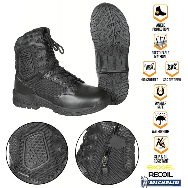Magnum Combat Boots Strike Force 8.0 black <pre id="tw-target-text" class="tw-data-text tw-text-large tw-ta" dir="ltr" data-placeholder="Vertaling"><span class="Y2IQFc" lang="nl">Tactische laarzen voor de hoogste bescherming en comfort - Waterdicht, extreem licht, ademend - Speciale enkelbescherming door Exogel-technologie* - Gewatteerde schacht en tong - Uitneembare M-P.A.C.T.® binnenzool met traagschuim - Terugspringende tussenzool voor optimale schokabsorptie - Slip- en oliebestendige Michelin®-loopzool biedt - Uitstekende grip en tractie - Gemakkelijke toegang dankzij YKK zijritsen - 8-gaats vetersluiting - Niet-metalen, scanveilig EN ISO 20347:2012 OB E FO HRO CI HI AN WR SRC Materiaal: Buitenmateriaal: leer met nylon Voering: polyester Zool: Rubber *Exogel-paneel op de enkel buiten verstijft onmiddellijk bij impact/schok en terugkomst weer in zijn flexibele staat.</span></pre> <pre id="tw-target-text" class="tw-data-text tw-text-large tw-ta" dir="ltr" data-placeholder="Vertaling"><span class="Y2IQFc" lang="nl"> </span></pre>