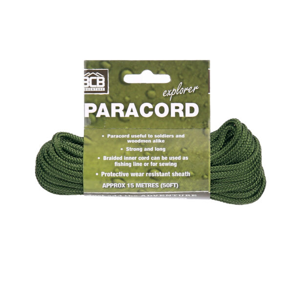 319474 BCB Paracord olive green CM0301 <big><strong>Kenmerken:</strong></big> <ul> <li><big>Olijfparacord nuttig voor zowel soldaten, houthakkers als outdoor</big></li> <li><big>Sterk en lang</big></li> <li><big>Gevlochten binnenkoord kan worden gebruikt als vislijn of om te naaien</big></li> <li><big>Beschermende slijtvaste schede</big></li> <li><big>Breekkracht van ongeveer 50 kg (110 lbs) STANDAARD</big></li> </ul> <big><strong>Lengte: </strong>15 m (50 ft)</big>