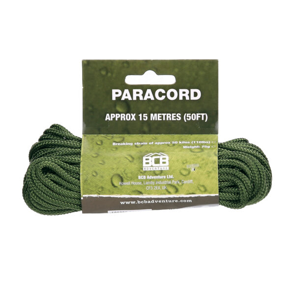 319474 BCB Paracord olive green CM0303 <big><strong>Kenmerken:</strong></big> <ul> <li><big>Olijfparacord nuttig voor zowel soldaten, houthakkers als outdoor</big></li> <li><big>Sterk en lang</big></li> <li><big>Gevlochten binnenkoord kan worden gebruikt als vislijn of om te naaien</big></li> <li><big>Beschermende slijtvaste schede</big></li> <li><big>Breekkracht van ongeveer 50 kg (110 lbs) STANDAARD</big></li> </ul> <big><strong>Lengte: </strong>15 m (50 ft)</big>