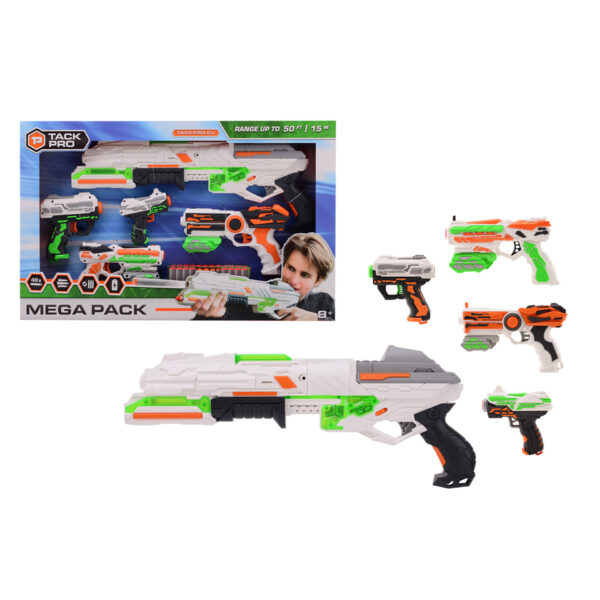 412545 Tack Pro mega blaster pack met 40 pijlen 31063 Tack Pro shooter scorpion wordt geleverd met 40 foam darts. Deze shooter schiet de foam darts bijna 15 meter ver.