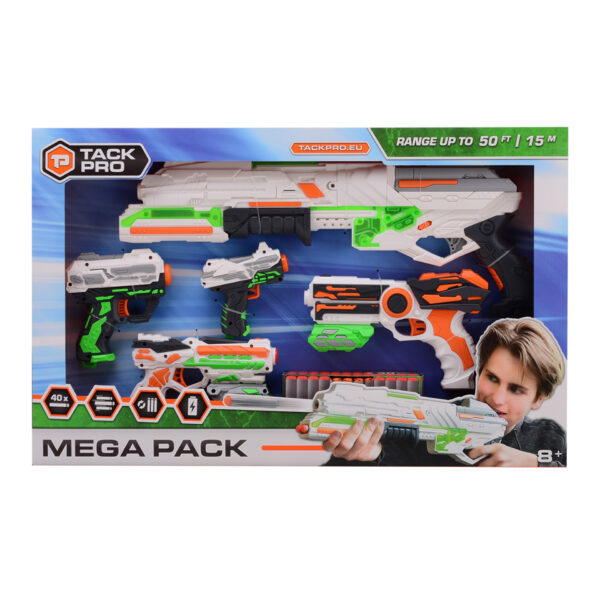 412545 Tack Pro mega blaster pack met 40 pijlen 310631 Tack Pro shooter scorpion wordt geleverd met 40 foam darts. Deze shooter schiet de foam darts bijna 15 meter ver.