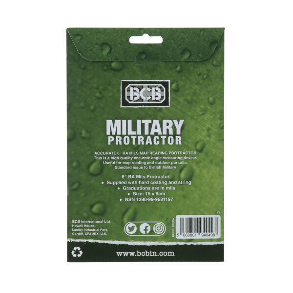 467300 BCB Military protractor 6 inch CD0321 <big>Nauwkeurige 6 "RA Mils kaartlezer gradenboog Dit is een nauwkeurig hoekmeetapparaat van hoge kwaliteit.​ Uitgegeven aan militaire commandanten om zeer nauwkeurige kaartcoördinaten en richtingen / peiling van 6 cijfers en 8 cijfers uit te zetten Zeer handig hulpmiddel voor alle niveaus van kaartlezen en buitenactiviteiten. 5 cm RA Mils gradenboog gemaakt volgens militaire standaard Geleverd met harde coating en touwtje</big> <big><strong>Graduaties zijn in Mils</strong> (niet graden)</big> <strong>Afmetingen:</strong> 15 cm x 9,5 cm (5,9 x 3,7 inch)