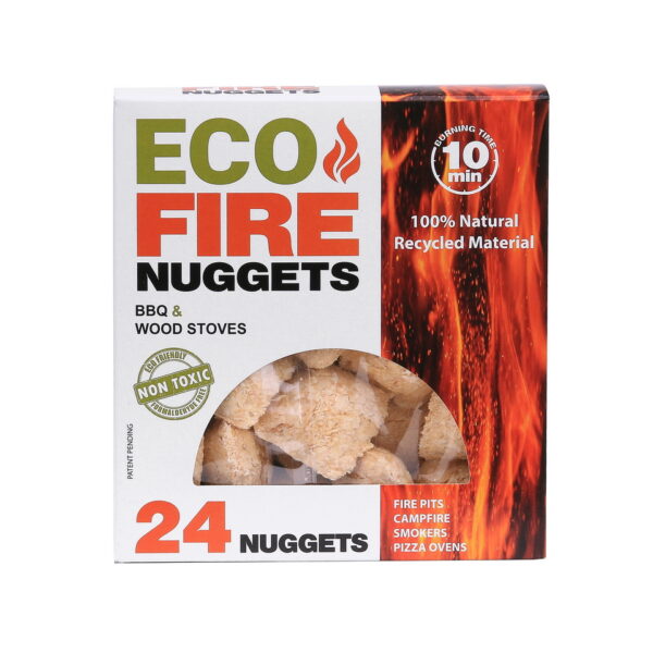 429755 Eco Fire Nuggets 24pcs Ontdek de Eco Fire Nuggets, jouw partner voor moeiteloos vuuraansteken. Gemaakt van duurzame houtbronnen, natuurlijk katoen en voedselveilige paraffinewas. Eenvoudig, veilig en milieubewust. Met een brandtijd van 10 minuten bieden deze vuurnuggets een snelle en betrouwbare oplossing voor steenkool, openhaarden, houtkachels, kampeervuren en meer. Niet-toxisch en 100% natuurlijk gerecycled materiaal maken ze de ideale keuze voor bewuste vuurliefhebbers. Ervaar het gemak van Eco Fire Nuggets en geniet van vuur op een verantwoorde manier.