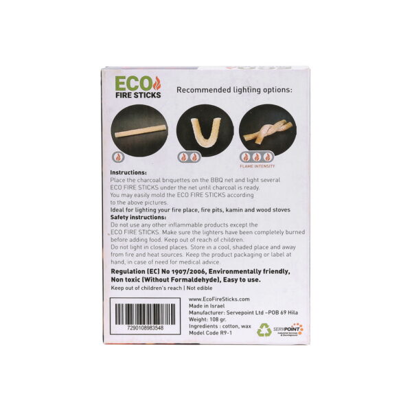 429756 Eco Fire Sticks 18pcs4 Ontdek de Eco Fire Sticks, jouw duurzame metgezel voor het moeiteloos aansteken van vuur, BBQ's en openhaarden. Deze hoogwaardige vuurstokjes zijn gemaakt van natuurlijk katoen en voedselkwaliteit paraffine-was, waardoor ze veilig en stabiel branden gedurende ongeveer 10 minuten. Flexibel in gebruik, kun je ze naar wens verdraaien voor het gewenste effect. Milieuvriendelijk en non-toxic, voldoen ze aan de hoogste normen van veiligheid en duurzaamheid. Maak vuur maken gemakkelijk, effectief en eco-vriendelijk met de Eco Fire Sticks.
