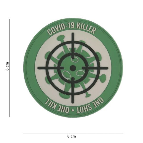 444130 7458 Embleem 3D PVC Covid 19 killer one shot 6103 Embleem Tongue PVC met klittenband aan de achterzijde.