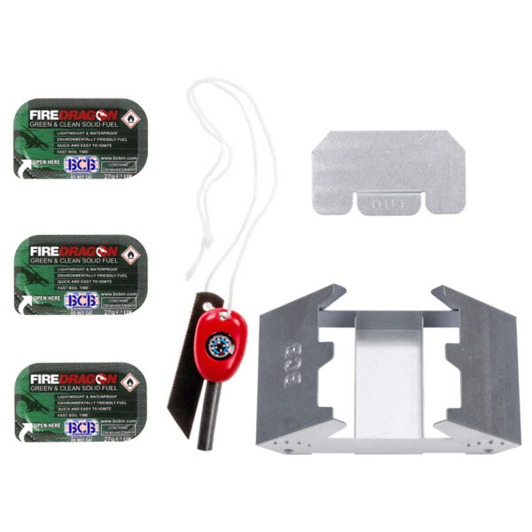 311091 BCB fire dragon folding cooker with fuel CN339 <big>Een compact en lichtgewicht opvouwbaar fornuis. Inclusief 3 x FireDragon-brandstofblokken voor koken met vuursteen en striker.</big> <strong>Kenmerken:</strong> <ul> <li><big>Compact </big></li> <li><big>Lichtgewicht </big></li> <li><big>Duurzaam </big></li> </ul> <big><strong>Set bevat:</strong></big> <ul> <li><big>opvouwbaar fornuis</big></li> <li><big>3 x brandstofblokken koken (3 x 27 g / 1oz)</big></li> <li><big>Brandstofbak</big></li> <li><big>Flint & Striker</big></li> </ul> <big><strong>Afmetingen:</strong> b: 11,4 x 8,4 x 2,6 cm (4,5 x 3,3 x 1 inch)</big>